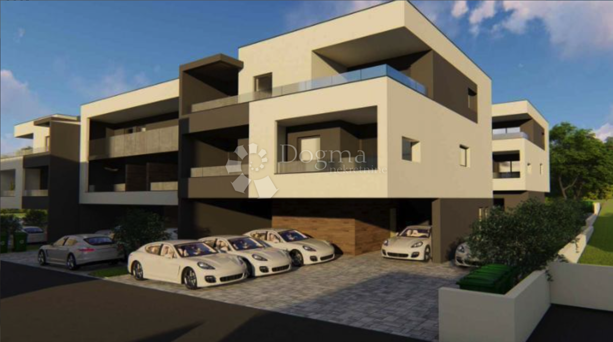 Prodaja stana u Puli, novogradnja, 60 m², 2SS+DB, prvi kat s terasom i pogledom na prirodu
