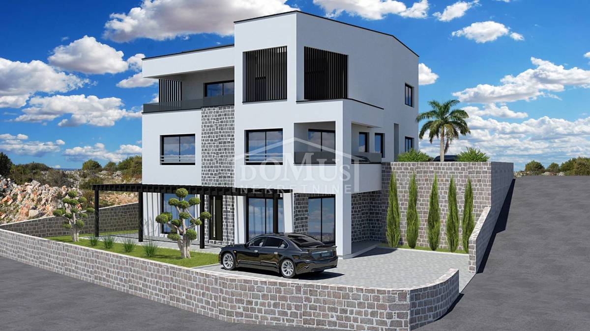 Vodice, novi 2-sobni apartman 69,12m2, s vrtom 44,25m2, terasom i pogledom na more