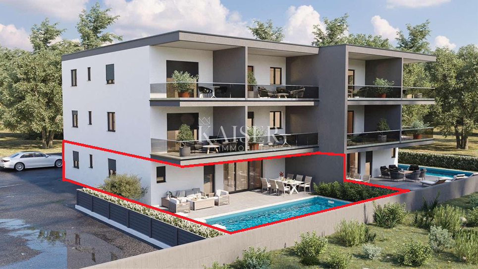 Istra, Novigrad - luksuzan trosoban stan sa dnevnim boravkom, 101m2, sa bazenom