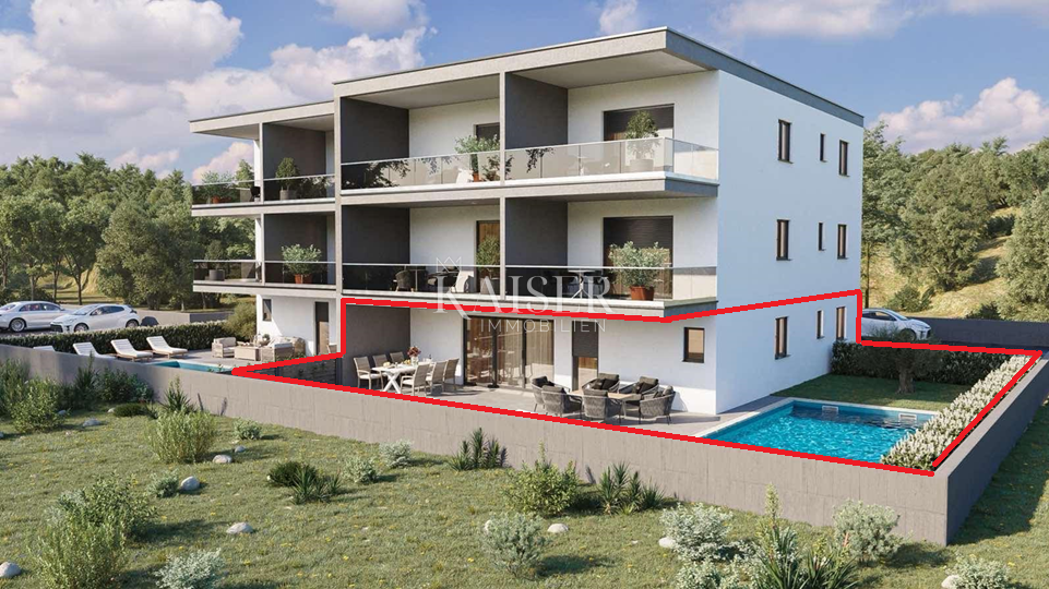 Istra, Novigrad - luksuzan trosoban stan sa dnevnim boravkom, 108 m2, u prizemlju, sa bazenom