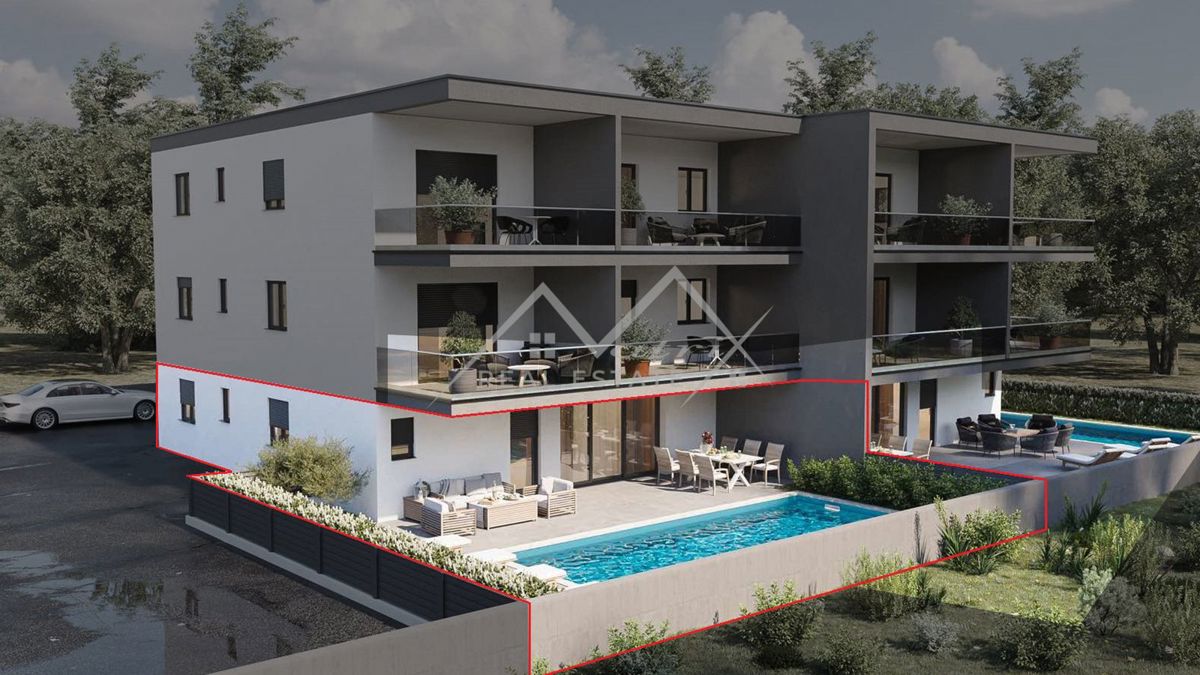 Novigrad, moderan novi stan u prizemlju sa bazenom
